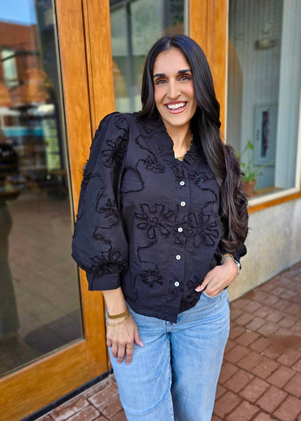 Beauty Mark Black Patterned Button Up Top