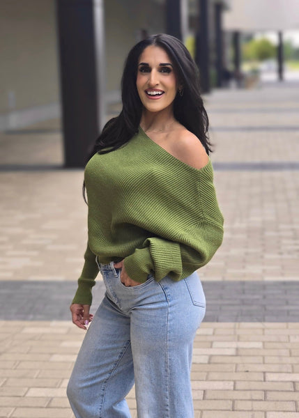 Fireside Casual Off The Shoulder Olive Waffle Knit Top