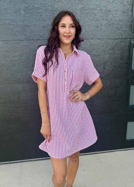 Casual Classic Red/White Striped Seersucker Shirt Dress