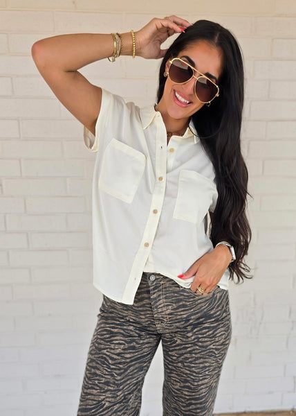 Makes Sense Off White Collared Button Up Top