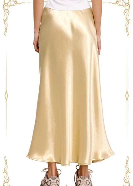 Shimmer Time Beige Gold Satin Midi Skirt