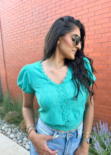 Your A Gem Emerald Lace Trim Back Tie Top