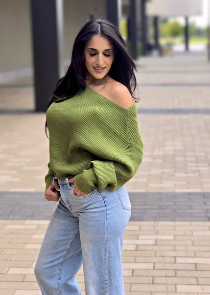 Fireside Casual Off The Shoulder Olive Waffle Knit Top