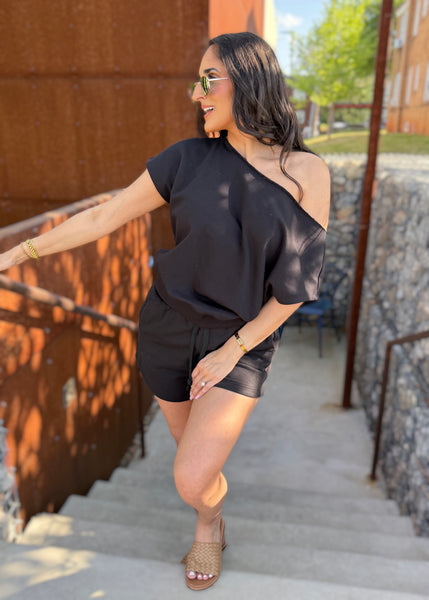 As You Are Black French Terry Off Shoulder Top - Large