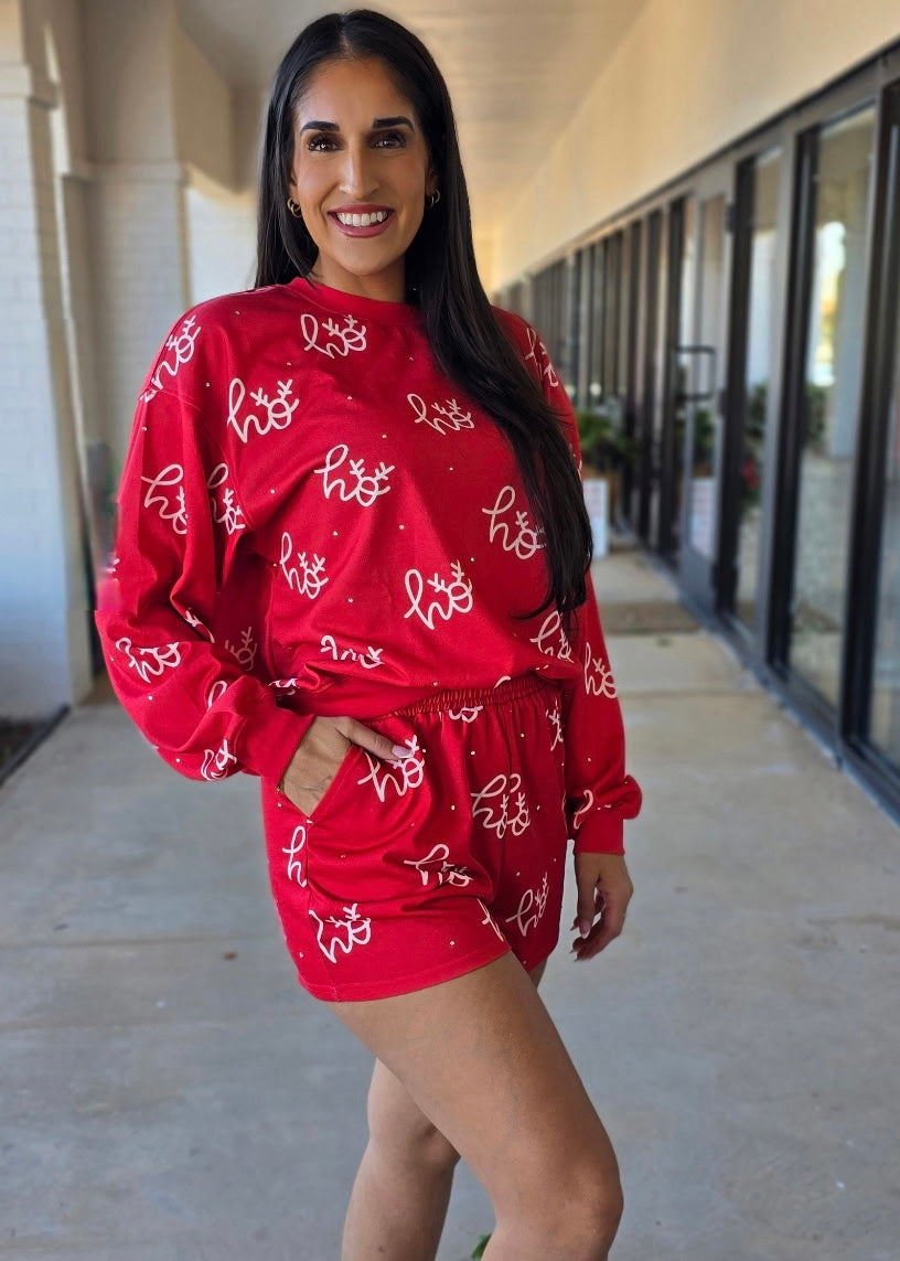 Red Rhinestoned "Ho, Ho, Ho" Printed Shorts