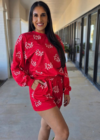Red Rhinestoned "Ho, Ho, Ho" Printed Shorts