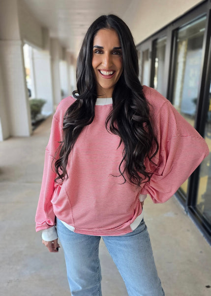 Just Wait For It Red & White Striped Knit Sweatshirt Top