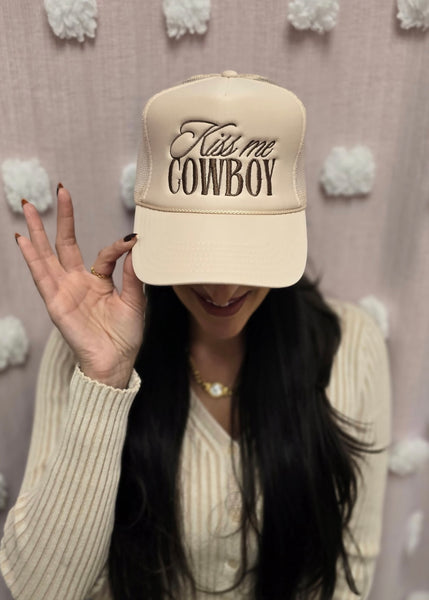 "Kiss Me Cowboy" Beige/Brown Trucker Hat