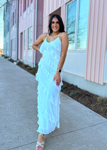 Falling For You White Tiered Ruffled Maxi Dress