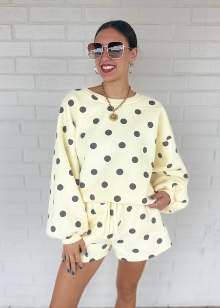 Treat Yourself Yellow & Brown Polka Dot Sweatshirt & Short Set