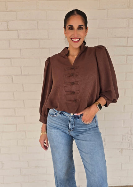 Off To New Places Brown Bubble Hem Top