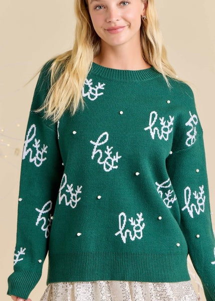 "Ho Ho Ho" Hunter Green Snowflake Sweater