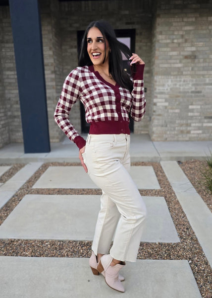 Got It All Burgundy Gingham Cardigan