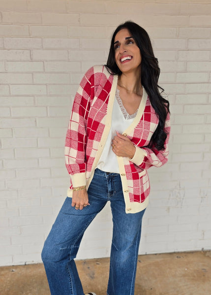 All Season Long Red Checked Cardigan