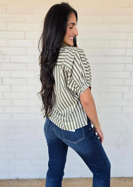 No Bother Olive/White Striped V-Neck Top