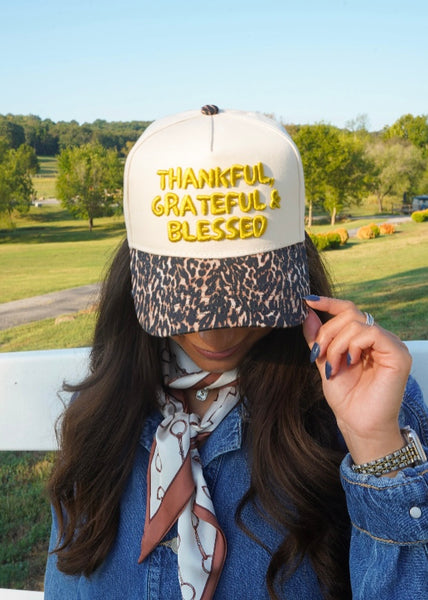 Thankful, Grateful & Blessed - Leopard Trucker Hat