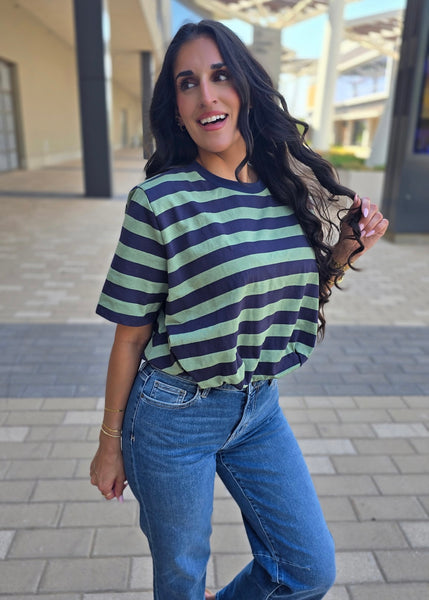 Walk This Way Navy/Olive Cropped Bubble Tee