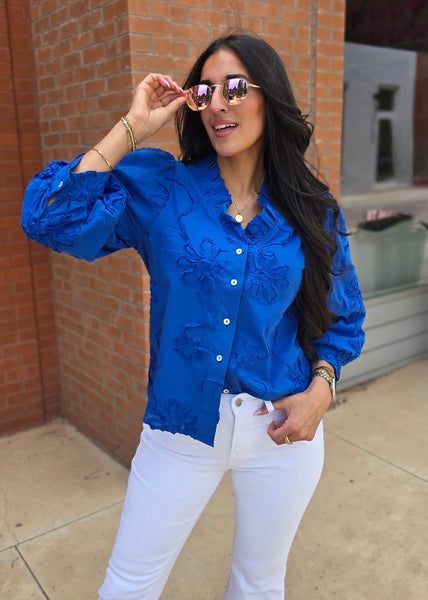 Beauty Mark Blue Patterned Button Up Top