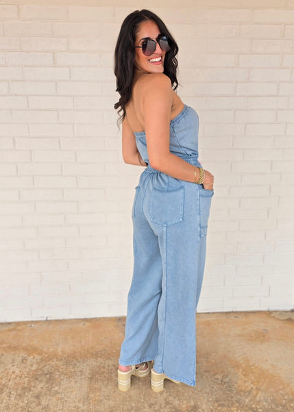 No Exposure Blue Strapless Jumpsuit