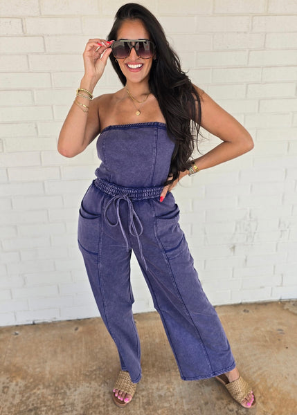 No Exposure Navy Strapless Jumpsuit