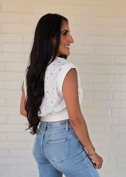 Ditsy Floral White V Neck Crop Top