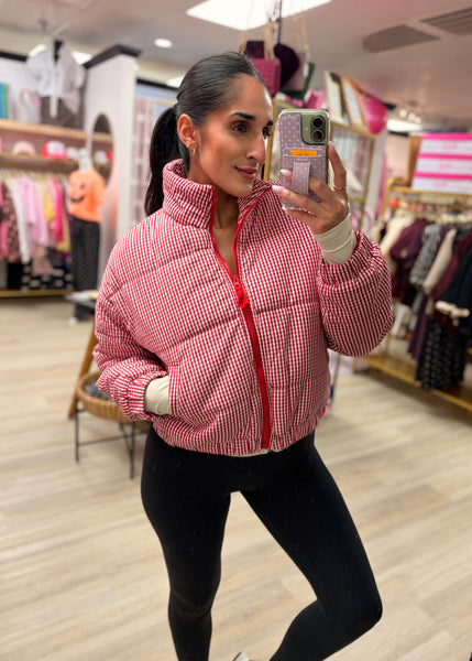From The Stands Red & White Gingham Puffer Jacket