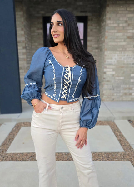 Blow My Mind Denim Lace Up Top
