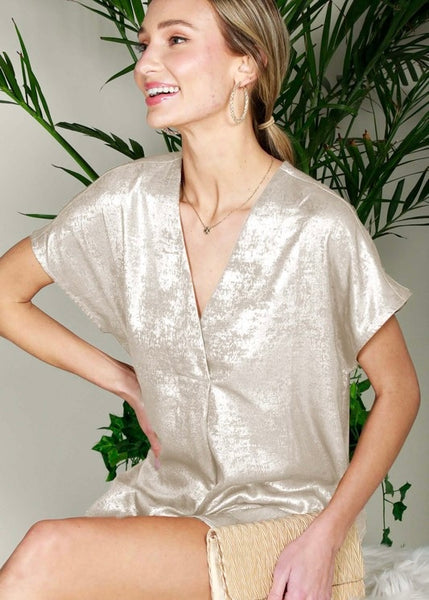 Champagne Kisses  V Neck Metallic Top