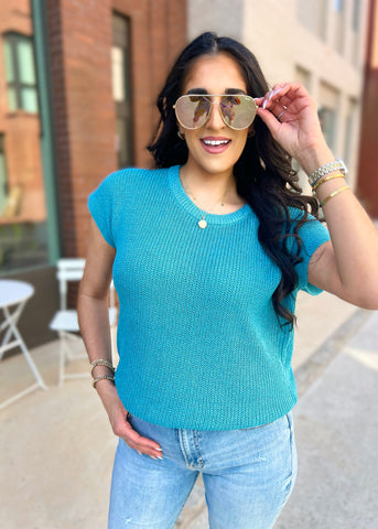 Perfect Outlook Sweater Top - Teal Blue