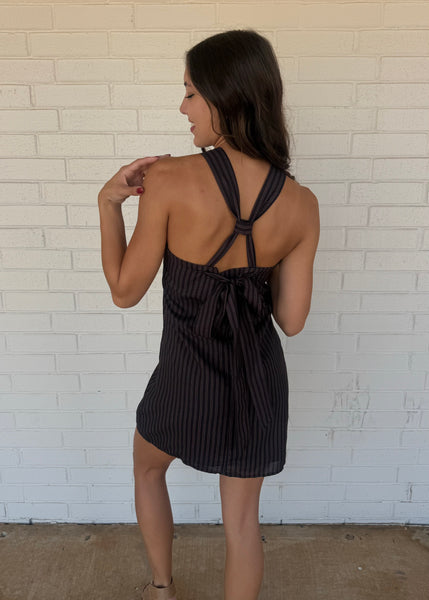 Fine Lines Black Pin Striped Halter Dress
