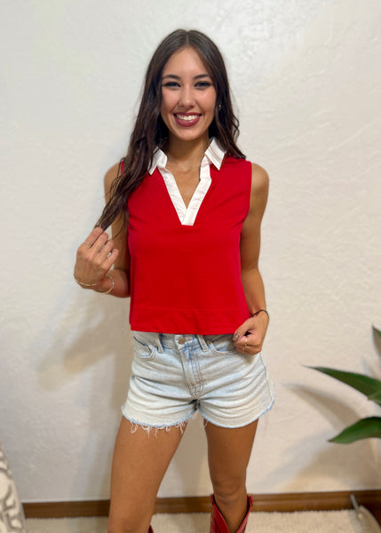 Tailgating Time Sleeveless V Neck Red/White Poplin Top