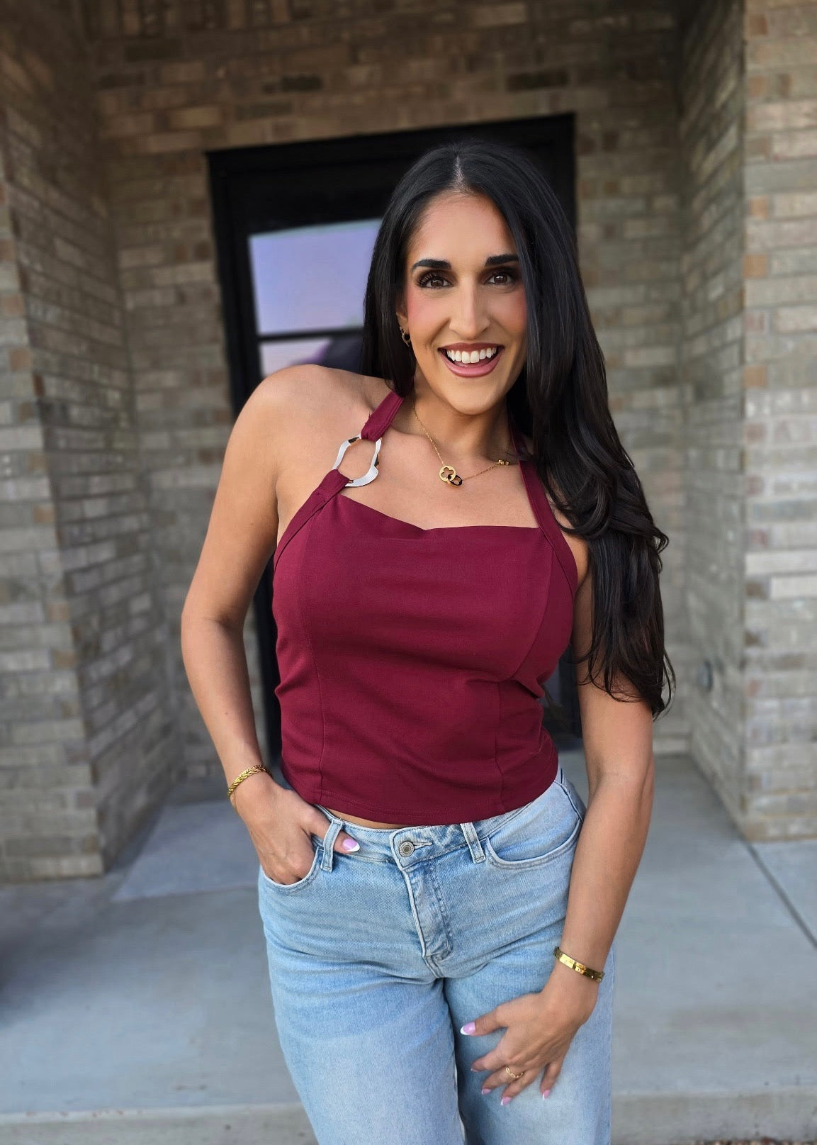 To Be Happy Burgundy Halter Top With Gold Accent