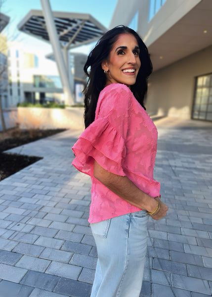 Purposely Pink Ruffle Sleeve Floral Top