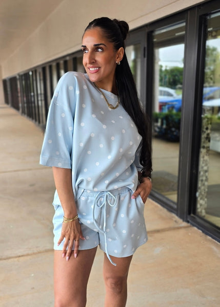 Getting Away Blue Polka Dot 2 Pc Shorts Set
