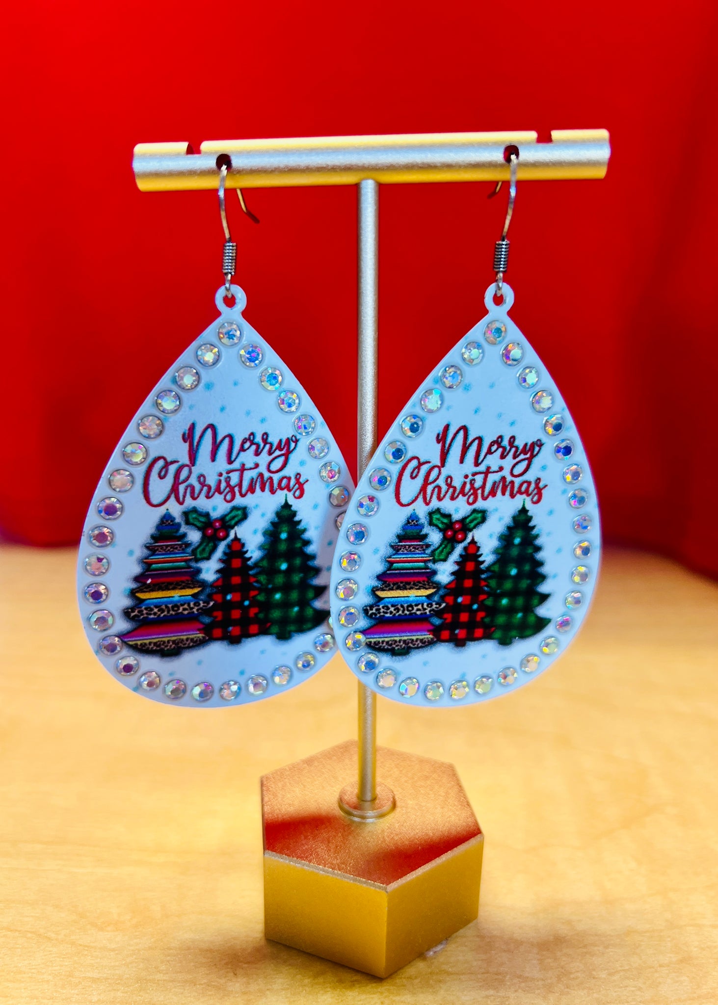 Merry Christmas Trees Metal Teardrop Earrings