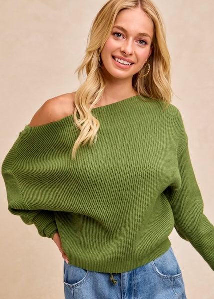 Fireside Casual Off The Shoulder Olive Waffle Knit Top