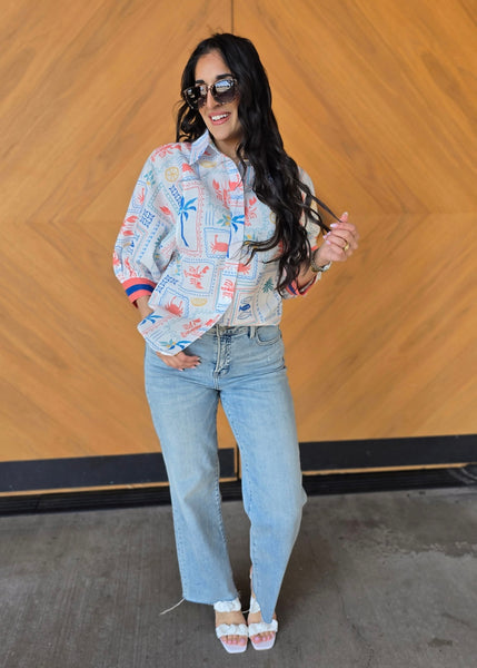 At The Beach Print Button Up Top
