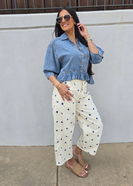 In Full Swing Button Up Denim Top
