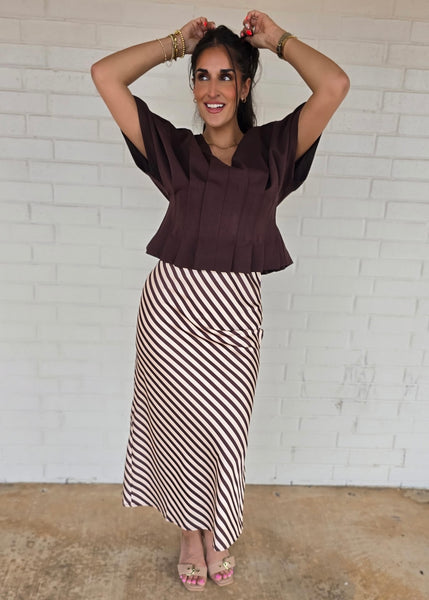 More Fun Brown/Cream Striped Midi Skirt