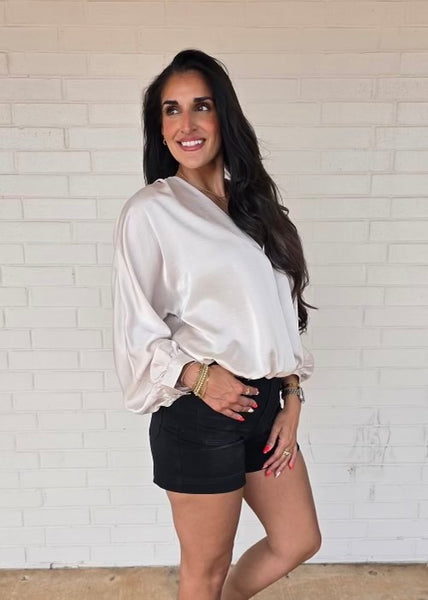 Rely On Me Cream V Neck Cross Over Long Sleeve Blouse