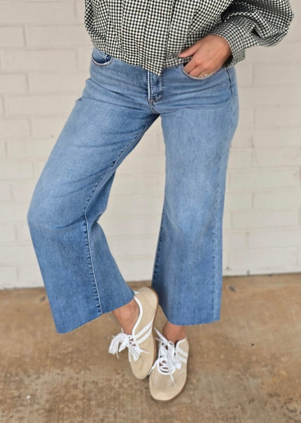 Sawyer Mid Rise Wide Leg Raw Hem Jeans