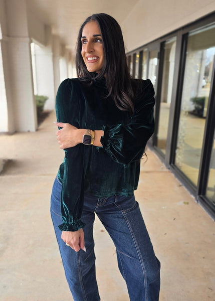 Under The Mistletoe Green Velvet Puff Sleeve Top