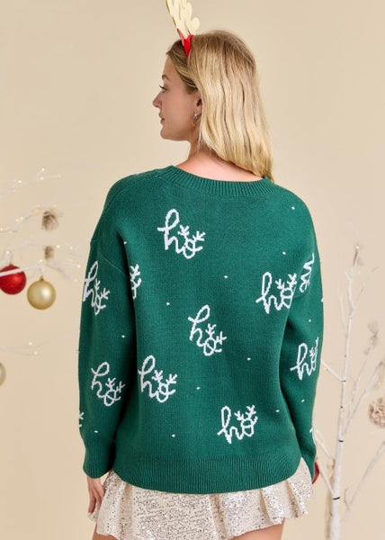 "Ho Ho Ho" Hunter Green Snowflake Sweater