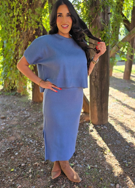 In A Breeze Blue 2 pc Ribbed Skirt Set