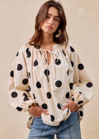 Exaggerated Polka Dot Balloon Sleeve Top