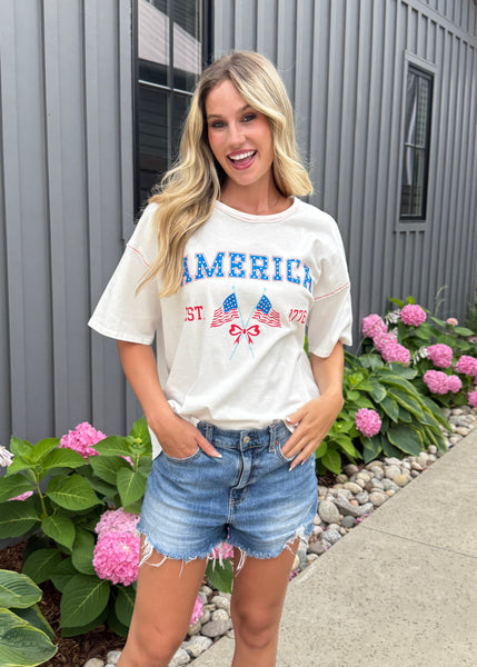 "America" Rhinestone White Bow Flag Tee