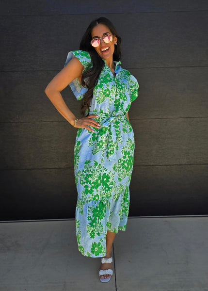 Social Setting Blue & Green Floral Maxi Dress