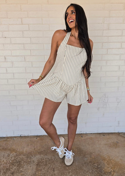 Dare To Be Brown/Cream Striped Halter Romper
