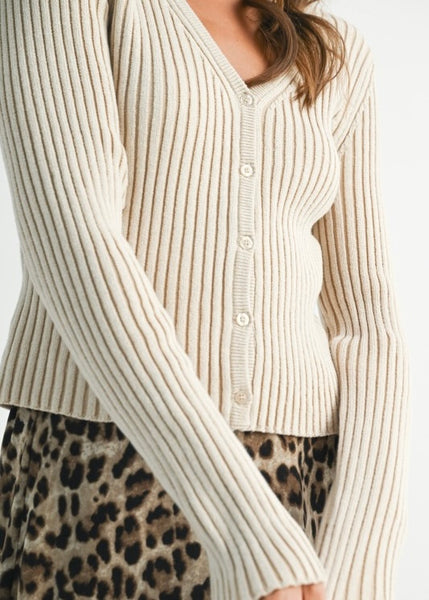 Places To go Oatmeal Ribbed Button Up Fitted Cardigan
