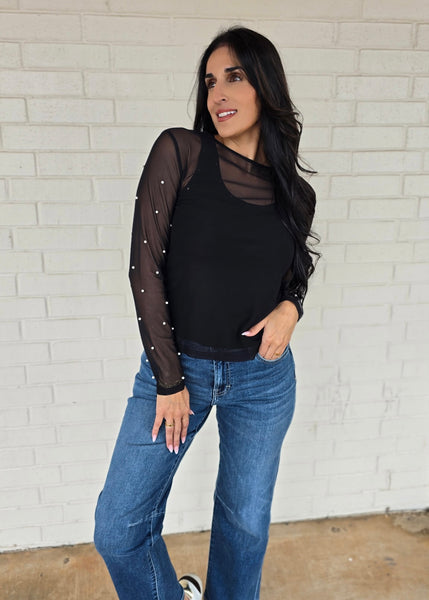 Center Of Attention Mesh Pearl Top - Black